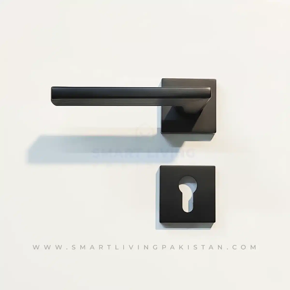 Black Matte Modern Door Handle Lock in brass with square plate design by Smart Living Pakistan