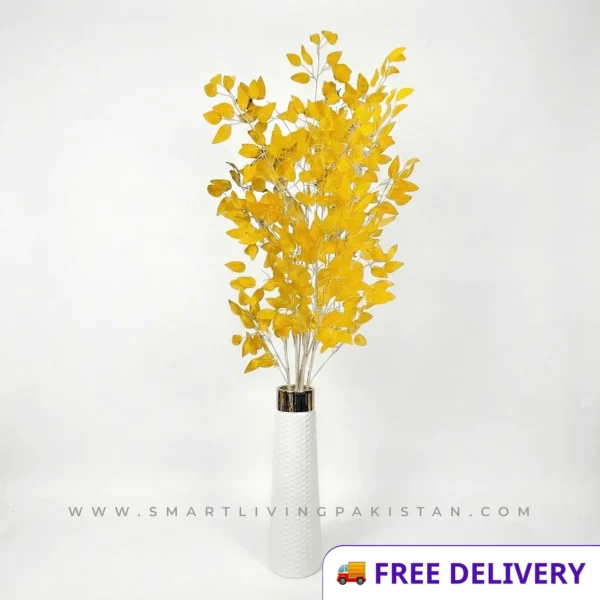 Golden Leaf Tree with Fiber Glass Pot by Smart Living Pakistan 5 Feet Luxury Artificial Autumn Tree Imported Golden Leaf Plant for Home & Office Décor Golden Decorative Tree in White Pot Silk Leaf Artificial Golden Plant Pakistan www.smartlivingpakistan.com