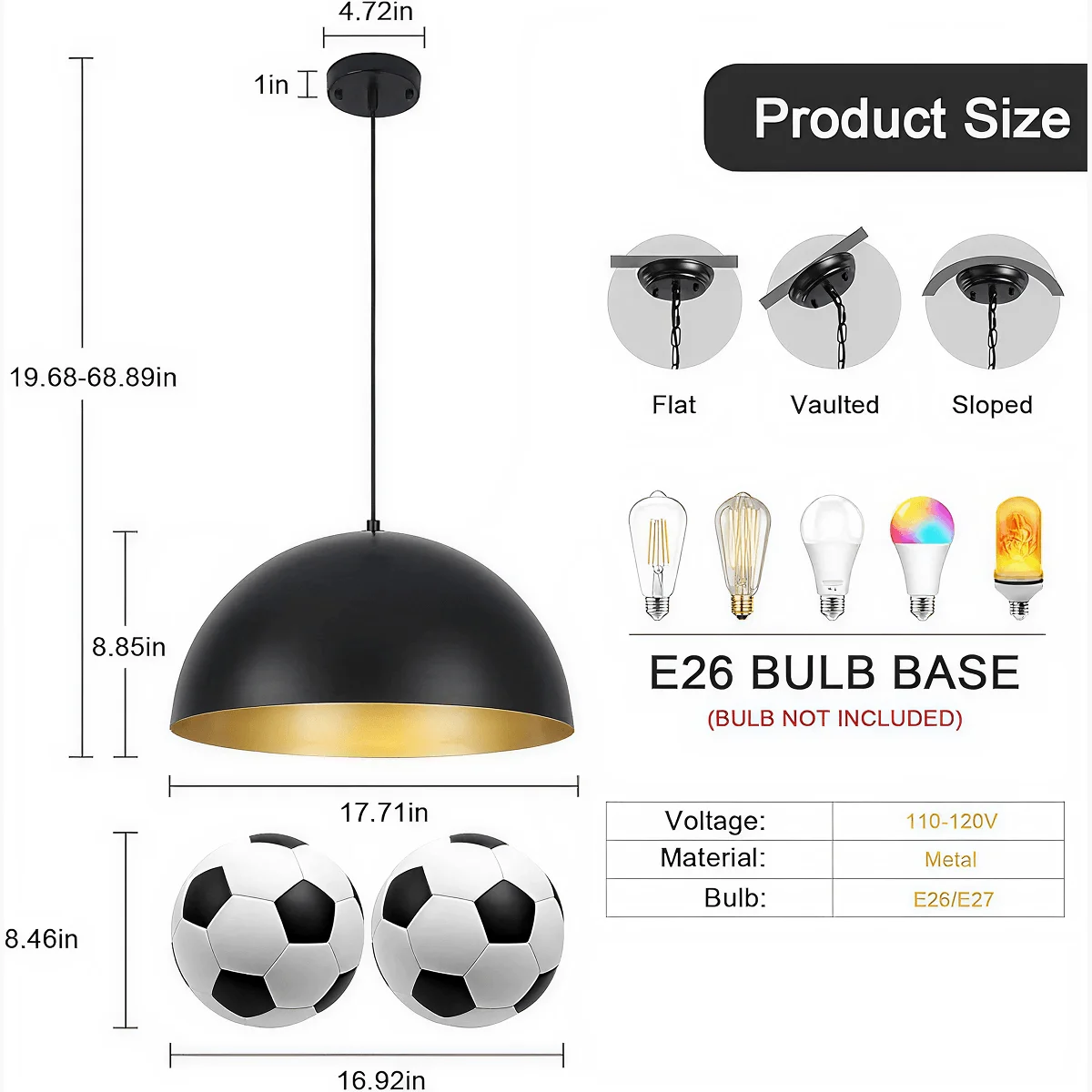 Black Dome Hanging Light - Pendant Light | Hanging Ceiling Light 18 Inch in Pakistan