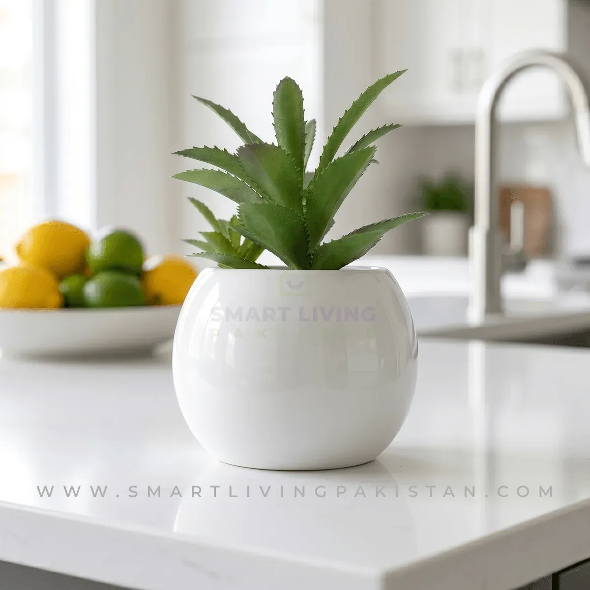 Close-up of mini artificial plant leaves in white ceramic planter, by Smart Living Pakistan