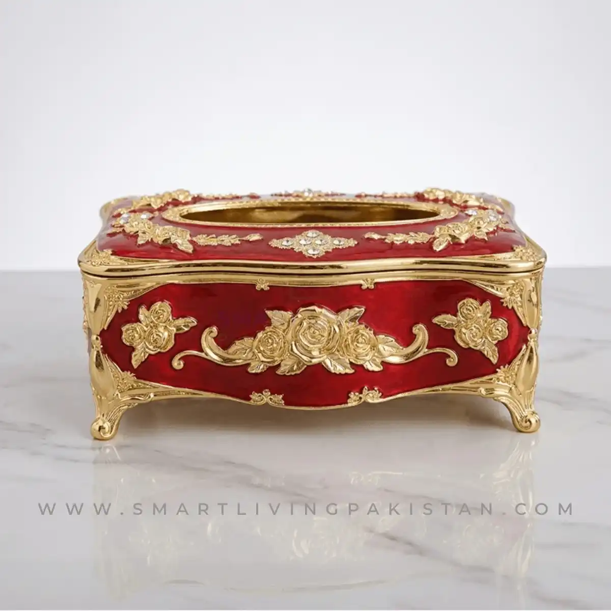 Royal Tissue Box in Red with decorative gold floral design by Smart Living Pakistan