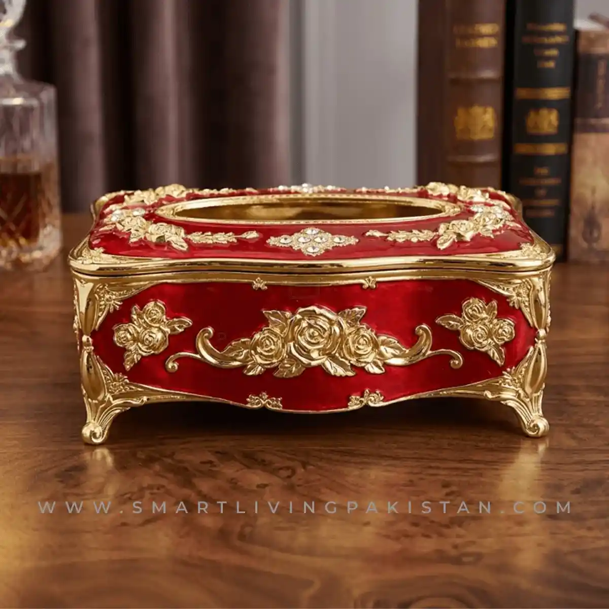 Royal Tissue Box in Red with decorative gold floral design by Smart Living Pakistan