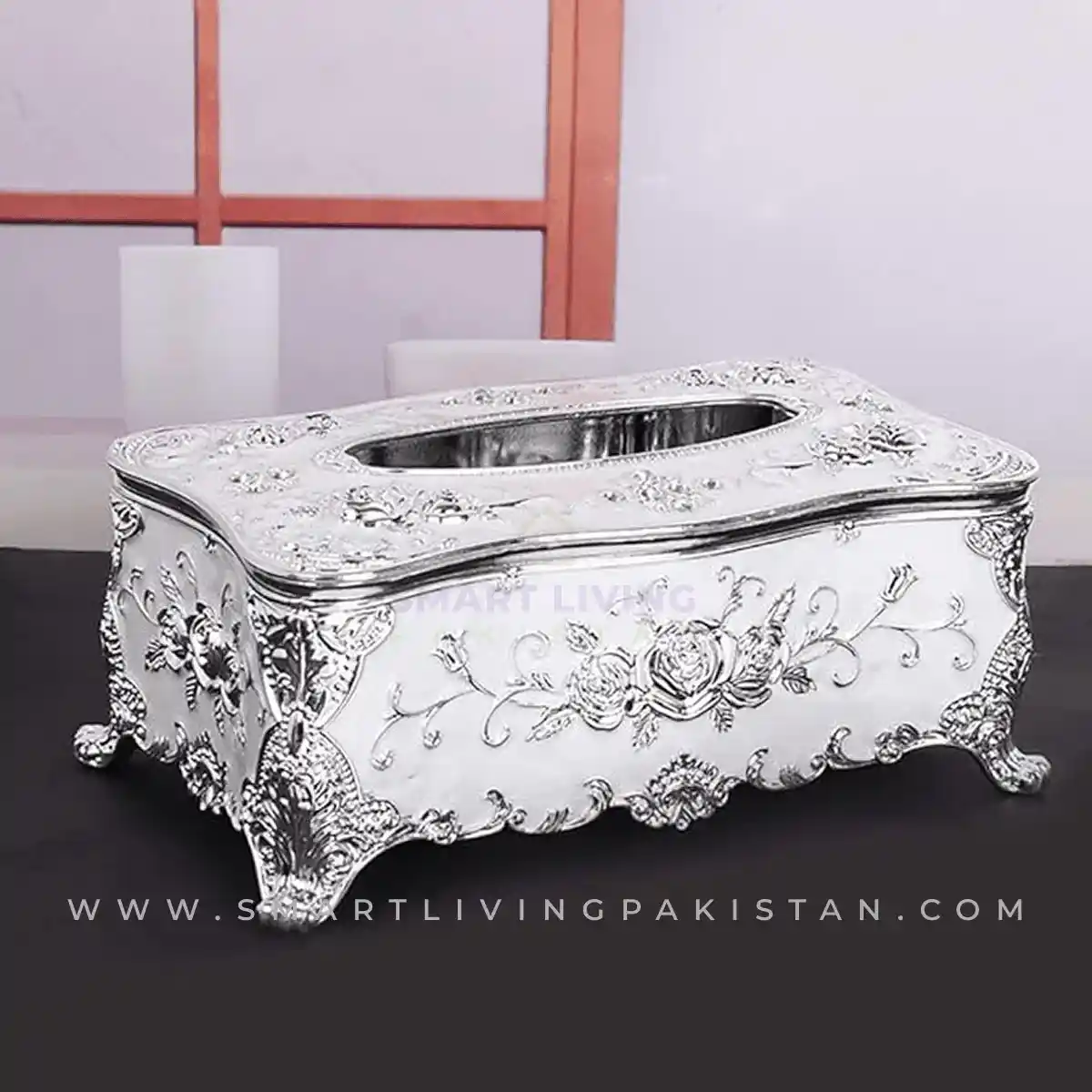 White Royal Tissue Box with elegant silver detailing