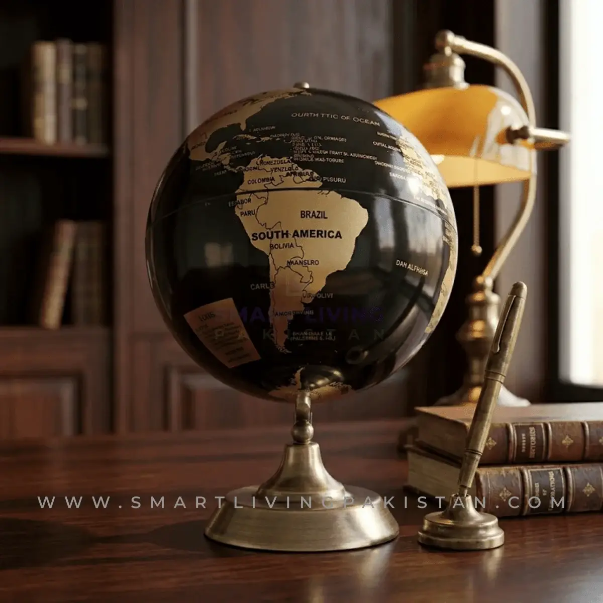 World globe decoration piece with metal base - black and gold on office desk table