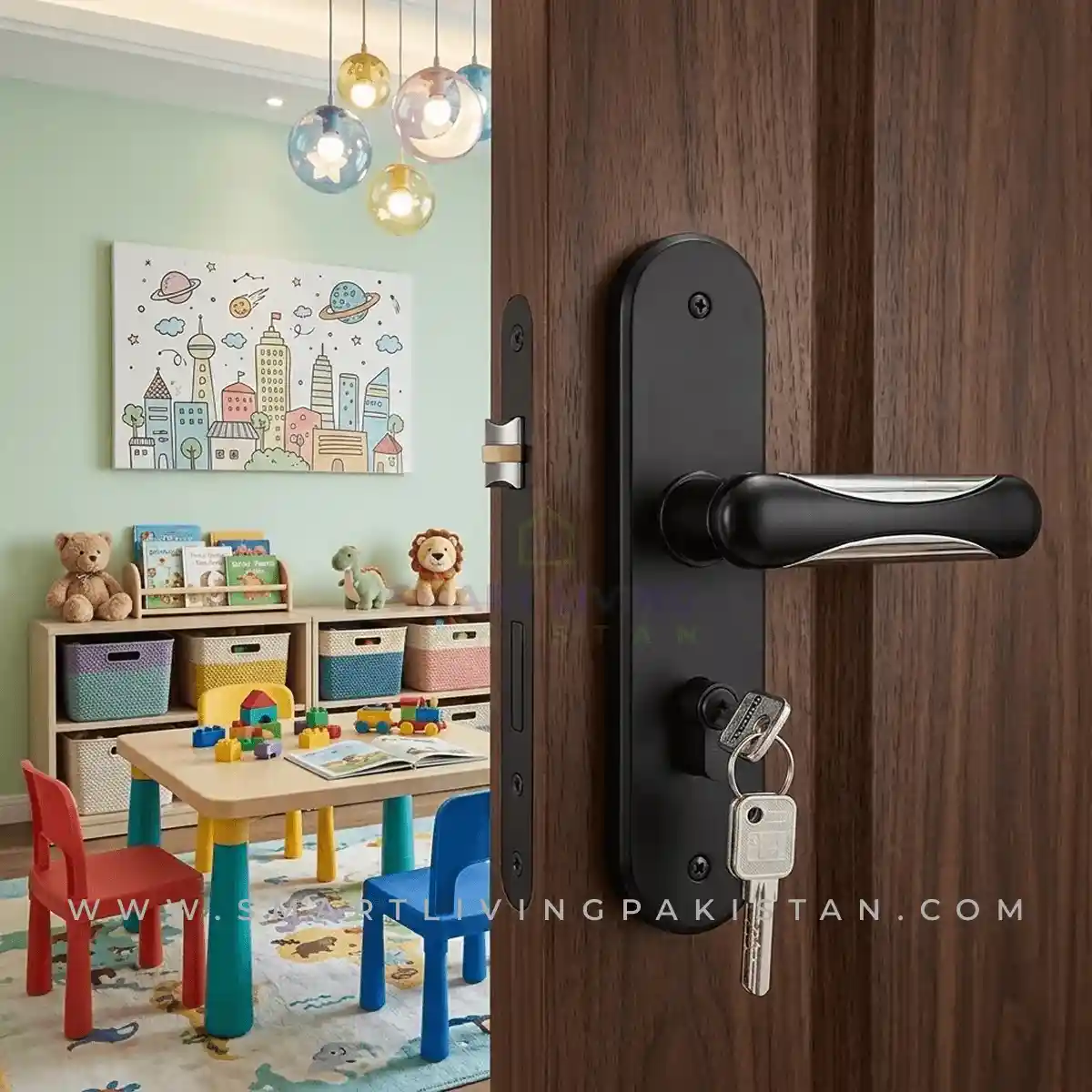 Double Chrome Matt Black Door handle lock set by smart living pakistan