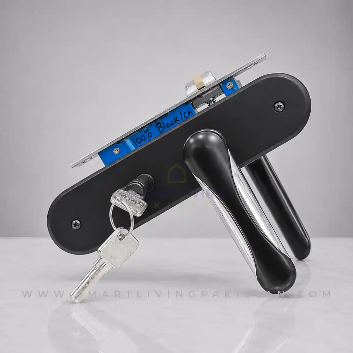 Double Chrome Matt Black Door handle lock set by smart living pakistan