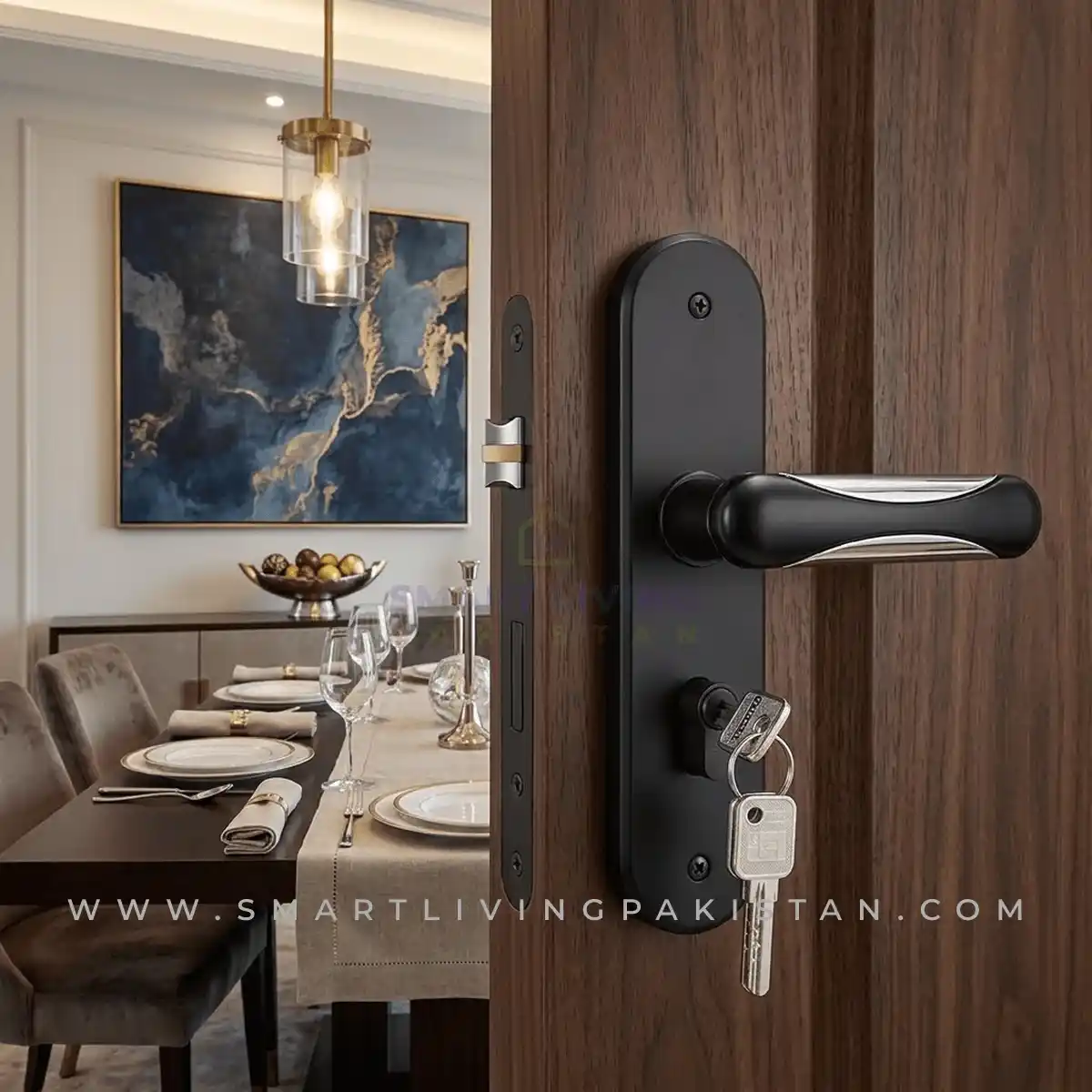 Double Chrome Matt Black Door handle lock set by smart living pakistan