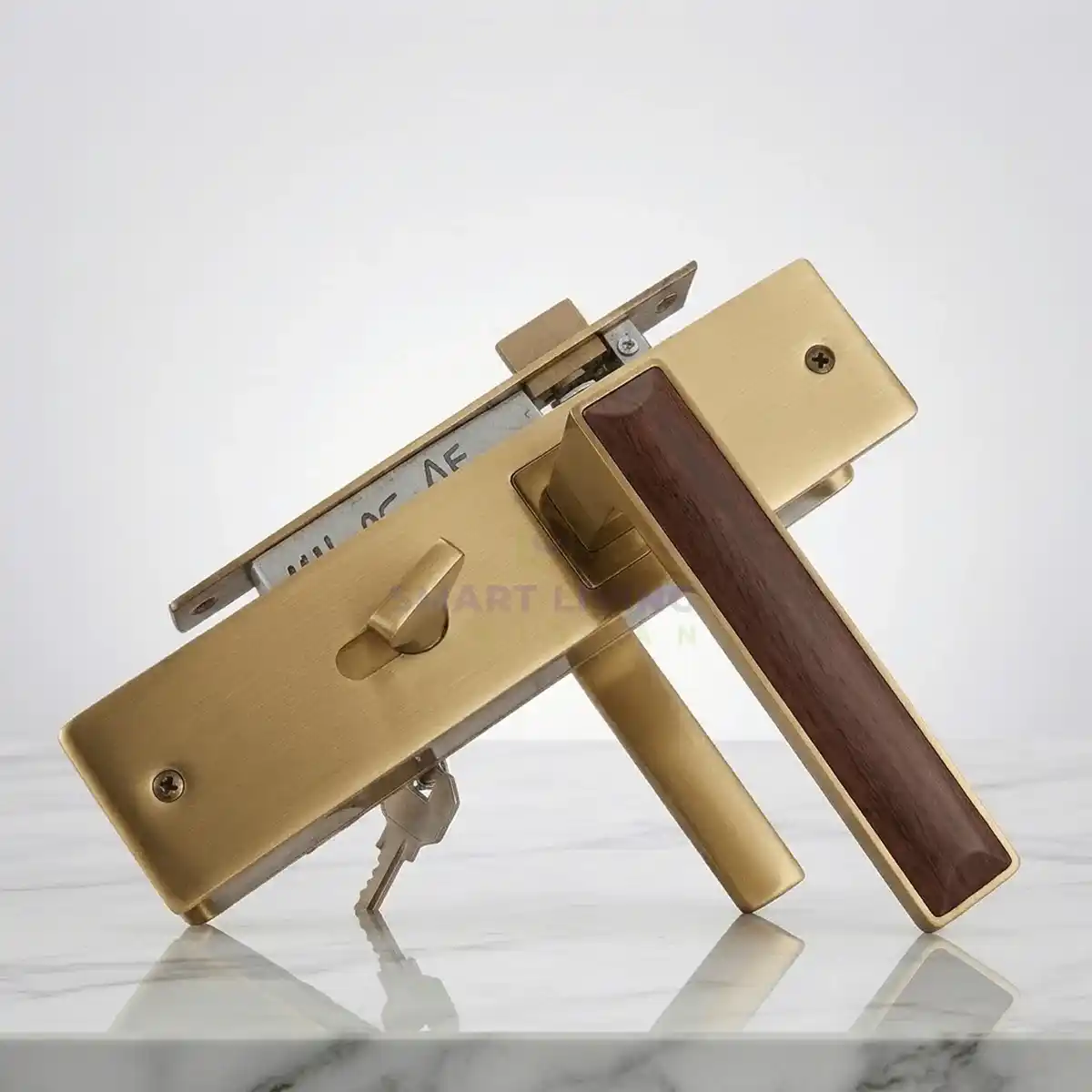 Golden Wooden aluminum door lock by smart living pakistan