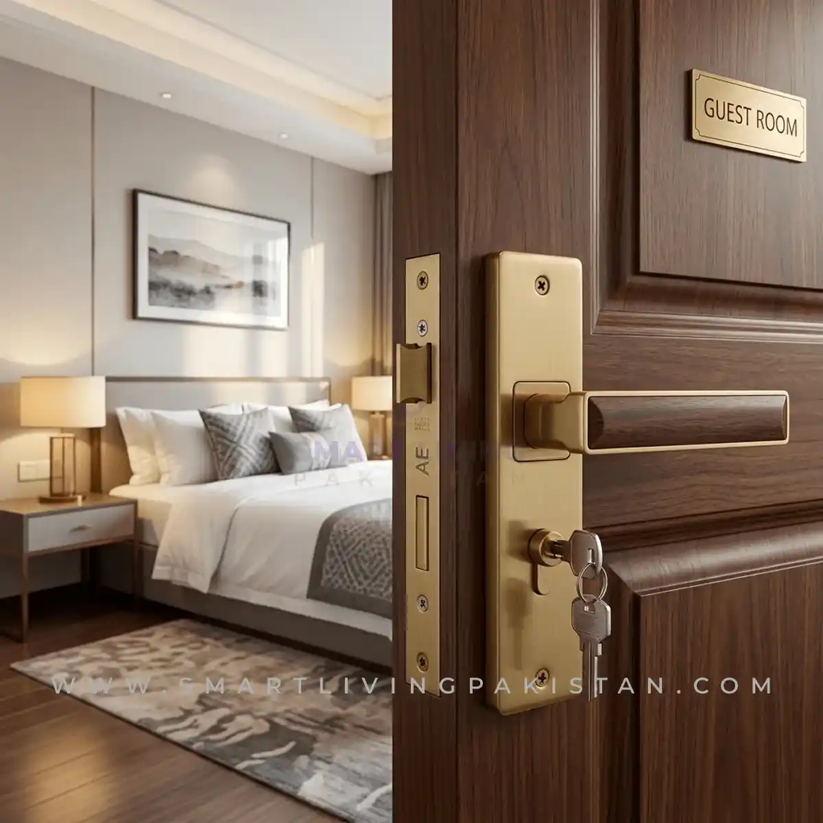Golden Wooden aluminum door lock by smart living pakistan