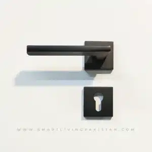 Black Matte Modern Door Handle Lock in brass with square plate design by Smart Living Pakistan