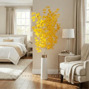 Golden Leaf Tree with Fiber Glass Pot by Smart Living Pakistan 5 Feet Luxury Artificial Autumn Tree Imported Golden Leaf Plant for Home & Office Décor Golden Decorative Tree in White Pot Silk Leaf Artificial Golden Plant Pakistan