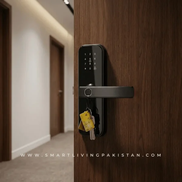 High-tech 5-in-1 Biometric Fingerprint Scanner being used on a Smart Living Pakistan WiFi Door Lock.