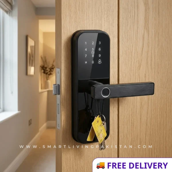 5-in-1 Smart WiFi Door Handle Lock in Matte Black with Fingerprint and Touchpad installed on a premium wooden door.