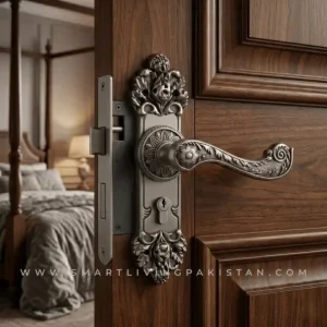 Antique Silver Door Handle Lock installed on carved wooden main door