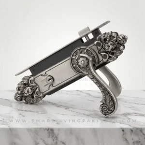 Antique Silver Door Handle Lock with floral carved backplate, side view