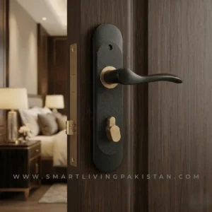 Matte Black Door Handle Lock gold accent lever and oval backplate close-up