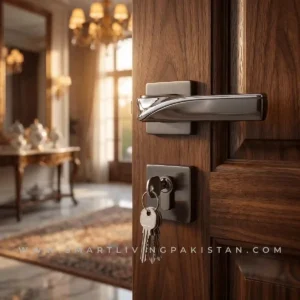 Chrome Grey Curved Door Handle Lock Crystal by Smart Living Pakistan