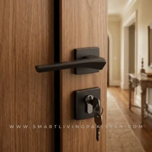 Modern Matte Black Square Rose Door Handle Lock Set by smart living Pakistan